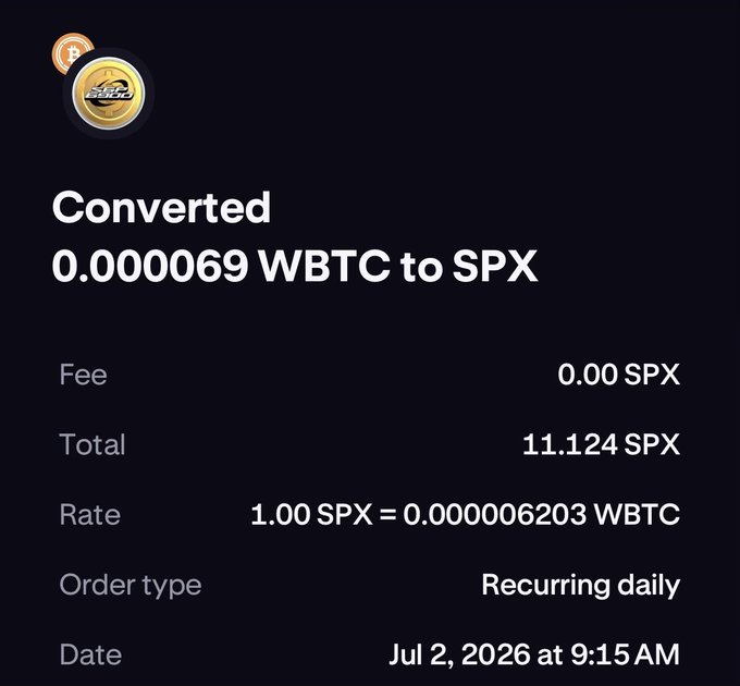 A cryptocurrency conversion confirmation showing 0.000069 WBTC converted to 11.124 SPX at a rate of 1.00 SPX = 0.000006203 WBTC, set as a recurring daily order dated Jul 2, 2026.