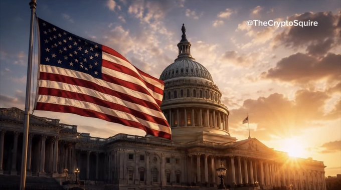 An American flag waves in the foreground with the US Capitol building silhouetted against a sunset sky, watermarked with '@TheCryptoSquire'.