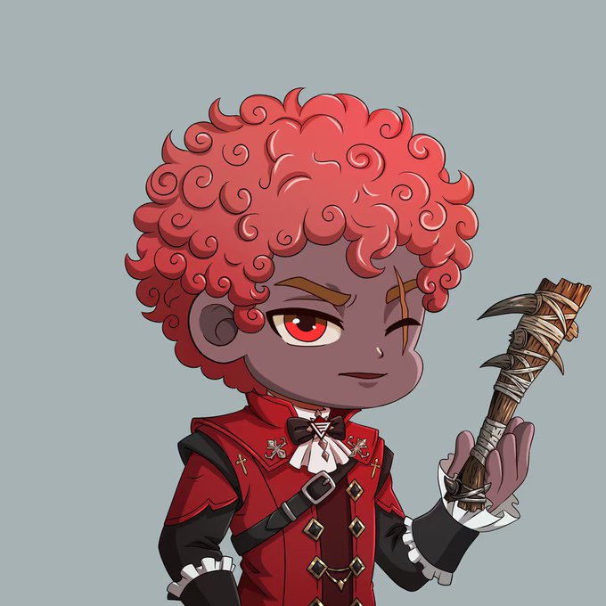 A digital illustration depicts a dark-skinned anime character with curly red hair and a scar over one eye, wearing an ornate red military-style outfit with a bow tie and holding a wooden, spike-wrapped staff.
