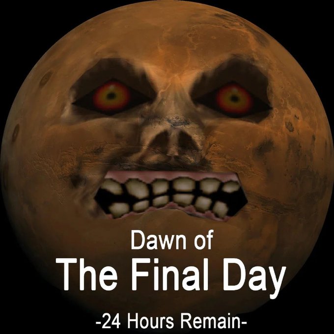A menacing moon-like face with glowing orange eyes and bared teeth looms against a black background, with the text "Dawn of The Final Day -24 Hours Remain-" displayed across the lower portion. The image humorously exaggerates the poster's casual comment about a bull market by depicting an apocalyptic, doomsday countdown rather than a genuine financial threat.