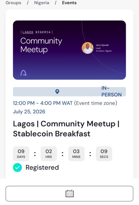 Event registration page for 'Lagos Community Meetup | Stablecoin Breakfast' on July 25, 2026, in Lagos Nigeria, led by Jerry Obumah, marked as Registered.