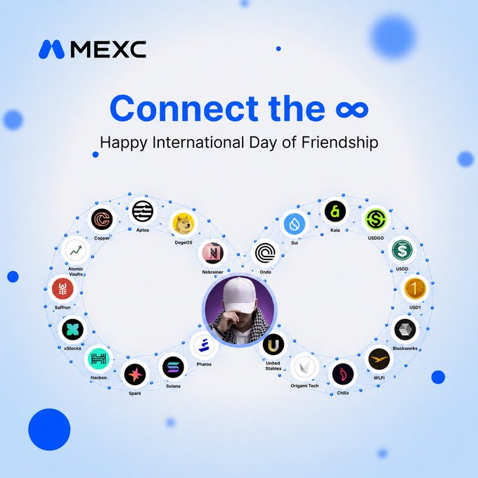 A MEXC exchange promotional graphic titled 'Connect the ∞ Happy International Day of Friendship' displaying various cryptocurrency logos arranged in an infinity symbol pattern.