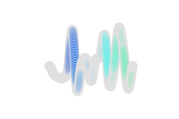 An abstract sound wave visualization featuring blue and teal oscillating waveforms against a light gray shadow on a white background.