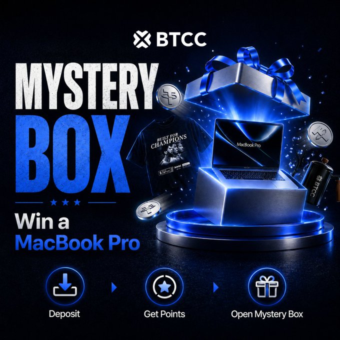 A BTCC promotional graphic for a "Mystery Box" giveaway features a glowing blue gift box with a MacBook Pro emerging from it, alongside BTCC-branded merchandise like a "Built for Champions" t-shirt and a water bottle. The ad invites users to deposit, earn points, and open the mystery box for a chance to win a MacBook Pro, aligning with the celebratory #BTCC15 hashtag post.