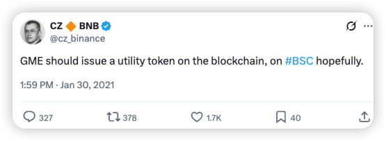 The image shows a tweet from CZ (@cz_binance) dated January 30, 2021, suggesting "GME should issue a utility token on the blockchain, on #BSC hopefully." The accompanying post references how old 2021 tweets from CZ, like this one about GameStop issuing a token on the Binance Smart Chain, are being resurfaced and shilled as the market gets excited for new launches on BSC.
