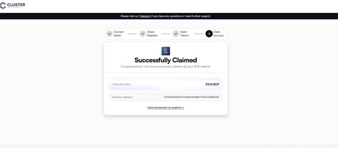A screenshot of a 'Successfully Claimed' confirmation page on the Cluster platform, showing a total allocation of 3333 SCP tokens sent to a wallet address.
