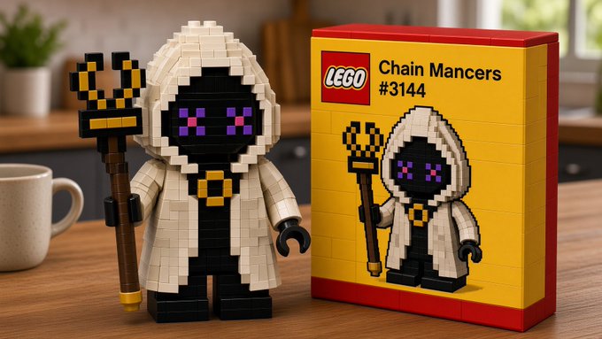 A LEGO figure of a white-robed character holding a staff stands next to its yellow box labeled 'LEGO Chain Mancers #3144'.