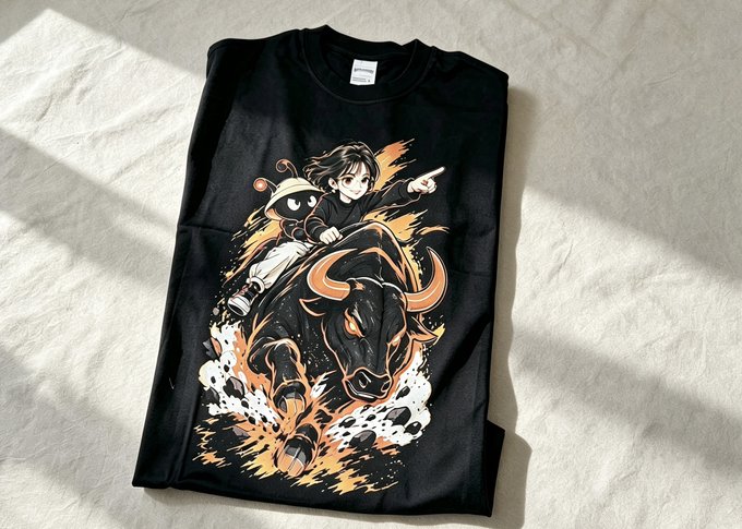 A black t-shirt laid flat on a beige surface, featuring an anime-style illustration of a character riding a black bull with orange horns amid flames and smoke.