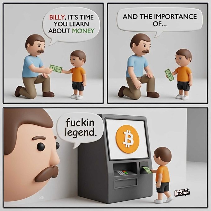 A comic strip shows a father teaching his son Billy about money by handing him cash, then directing him to insert it into a Bitcoin ATM, calling him a "fuckin legend" with the "Simply Bitcoin" watermark in the corner, humorously reinforcing the post's "Buy Bitcoin" message by suggesting crypto is the ultimate financial lesson.