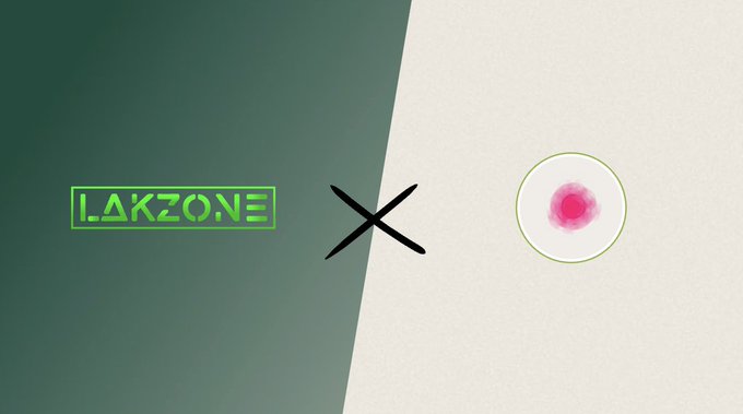 A minimalist split graphic with a dark green left side and a beige right side displays the neon green 'LAKZONE' logo, a large black 'X', and a pink watercolor circle on the right.