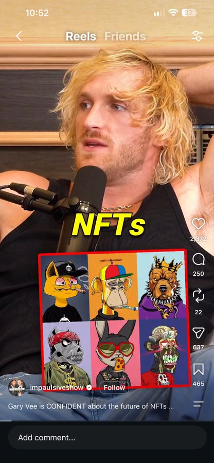 An Instagram Reel screenshot from @impaulsiveshow featuring Logan Paul discussing NFTs, with an image of Bored Ape-style cartoon characters overlaid and the caption 'Gary Vee is CONFIDENT about the future of NFTs.'