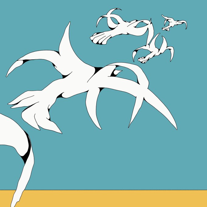 An abstract digital artwork on a teal background showing white, fluid, bird-like forms with elongated claws or wings.