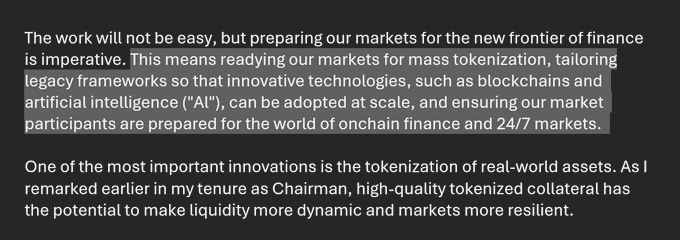 A highlighted text excerpt discussing tokenization, legacy frameworks, and blockchain innovation as part of preparing markets for the new frontier of finance.
