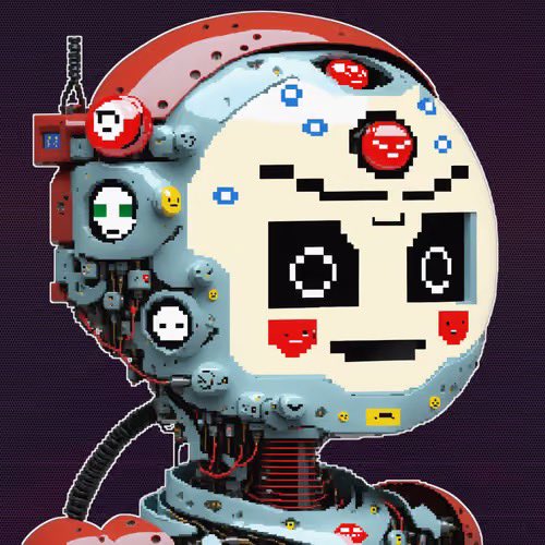 A pixel art illustration features a damaged, glitchy robot head with a face resembling the Reddit logo, showing exposed wires and mechanical parts against a dark purple background.