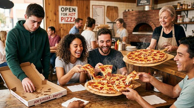 A cheerful group of people in a pizzeria enjoying hot pepperoni pizzas, with a sign reading 'OPEN FOR HOT PIZZA' and an older woman in an apron serving them; pizza boxes are labeled 'JOE'S PIZZA - EMPTY!'.