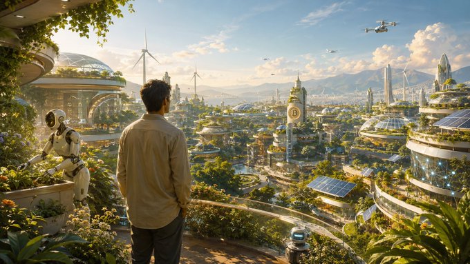 Futuristic AI-generated artwork depicting a man overlooking a utopian eco-city with lush greenery, wind turbines, solar panels, modern architecture, and a humanoid robot in the foreground.