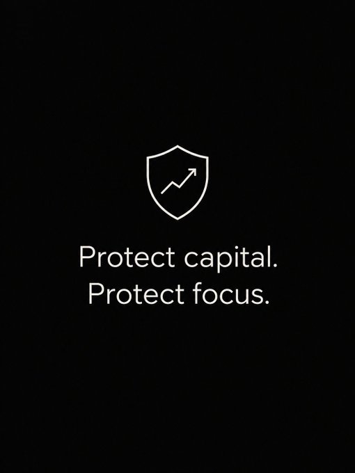 A minimalist black graphic featuring a shield icon with an upward arrow and the text 'Protect capital. Protect focus.'