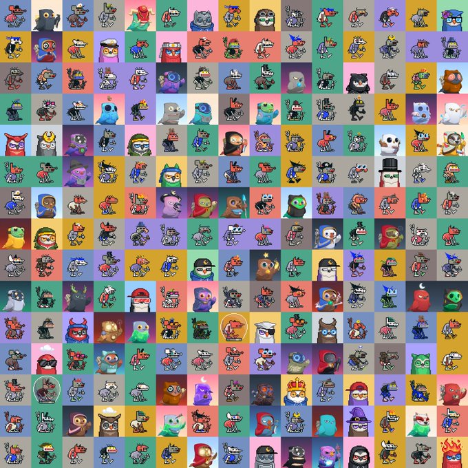 A colorful grid displaying numerous small cartoon-style character sprites, many featuring animals or monsters with various costumes and expressions.