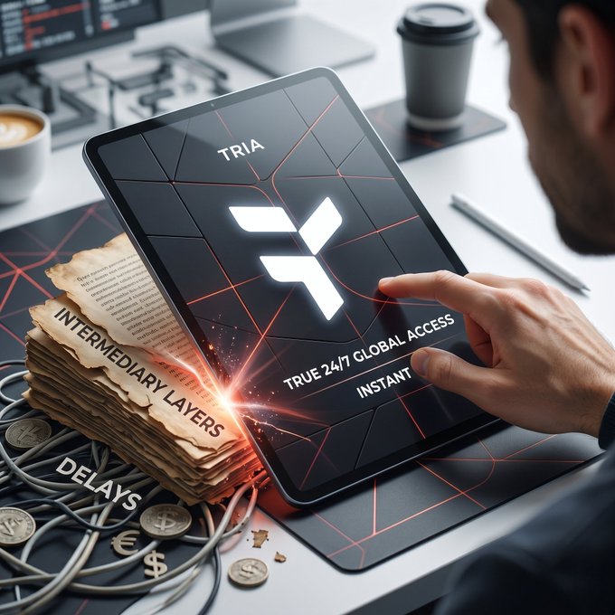 The image shows a person using a tablet computer with the word "Tria" displayed on its screen. The tablet is open and being used by someone who appears to be pointing at it while sitting at a desk or table. There are stacks of paper nearby, suggesting that they might be working on some documents or research related to the Tria platform.
