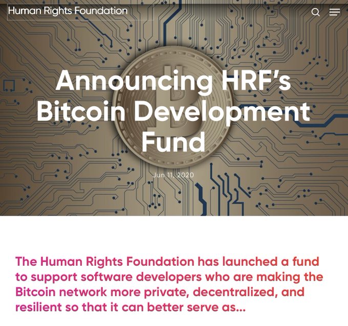 The image shows a website called "HRF" with a banner at the top that says "Human Rights Foundation". Below this, there is text announcing the launch of the Bitcoin Development Fund, which was started by the Human Rights Foundation six years ago. The fund supports software developers who are working on creating and maintaining the Bitcoin network, aiming to make it more private, decentralized, and resilient.