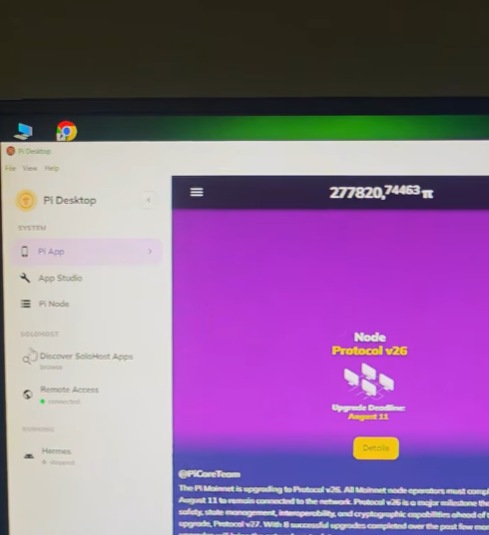 A computer monitor displays the Pi Desktop application with "277820.74463 Pi" balance prominently shown, alongside a notification about the "Pi Mainnet" upgrading to Protocol v26 scheduled for August 11. The Pi Network interface, featuring icons for Pi App, App Studio, and Pi Node, visually supports the post's theme of a "digital revolution" through cryptocurrency adoption.