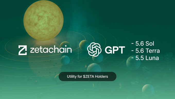 Promotional graphic for ZetaChain featuring a glowing yellow sun and planets on a green cosmic background, displaying the ZetaChain and GPT logos alongside text reading "- 5.6 Sol, - 5.6 Terra, - 5.5 Luna" and a banner stating "Utility for $ZETA Holders." The visual reinforces the post's message by positioning ZetaChain's $ZETA token as the gateway to cross-chain utility and AI integration across major networks like Solana, Terra, and Luna.