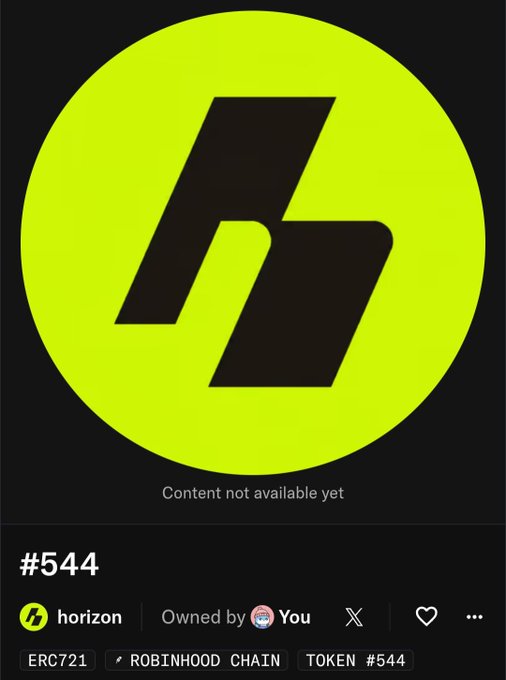 A digital token listing on a platform showing token #544 by 'horizon' with an 'h' logo on a yellow background, marked as ERC721 on Robinhood Chain with 'Content not available yet'.
