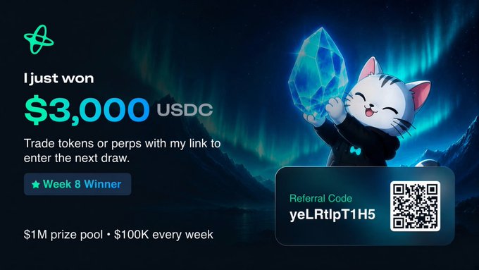 A promotional graphic featuring an animated cat holding a glowing blue crystal against an aurora-lit night sky, announcing "$3,000 USDC" prize winnings with text reading "Week 8 Winner" and "I just won," alongside the referral code "yeLRtIpT1H5" and a QR code. The image complements the post celebrating $18,700 in total earnings from Nansan's $100K weekly USDC giveaway campaign, showcasing one of the weekly prize wins that made the 10-week promotion so lucrative.
