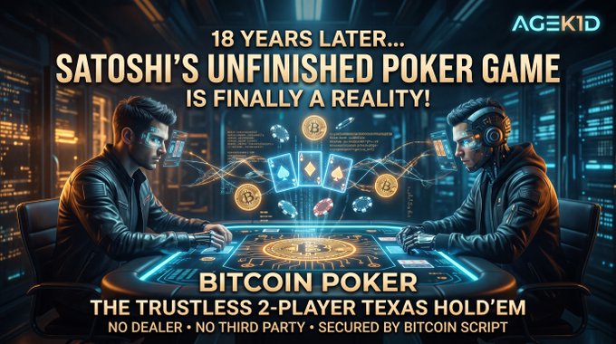 An 'AGEKID' promotional graphic for 'BITCOIN POKER' titled 'SATOSHI'S UNFINISHED POKER GAME IS FINALLY A REALITY!' showing two figures playing at a futuristic poker table, described as 'THE TRUSTLESS 2-PLAYER TEXAS HOLD'EM' with 'NO DEALER • NO THIRD PARTY • SECURED BY BITCOIN SCRIPT'.