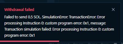 An error popup displays "Withdrawal failed" with a system message reading "Failed to send 0.5 SOL.. SimulationError: TransactionError: Error processing Instruction 0: custom program error: 0x1, message: Transaction simulation failed: Error processing Instruction 0: custom program error: 0x1." This screenshot supports the post's claim about being unable to withdraw funds from Bullpen.fi, showing a technical Solana transaction error after attempting to withdraw 0.5 SOL.