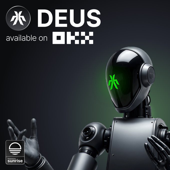 The image features a robot with a green head, standing against a black background. The text "DEUS" is displayed above the robot's head, while the phrase "Humanoid robotics & Physical AI exposure on Solana." is written below the robot. The robot appears to be in motion, as it has its arms outstretched and pointing towards something outside of the frame.