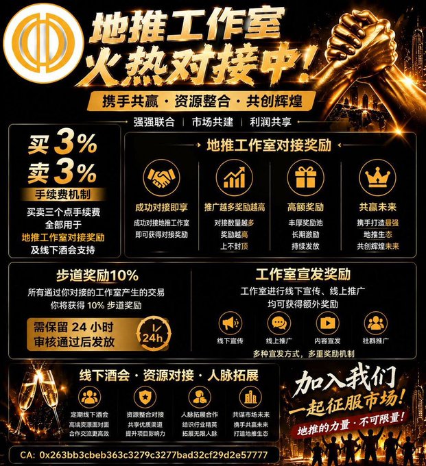 A gold and black promotional poster for "地推工作室" (Offline Promotion Studio) advertising partnership incentives including a 3% buy/sell fee structure, 10% step rewards, and offline event bonuses, featuring a wallet address "CA: 0x263bb3cbeb363c3279c3277bad32cf29d2e57777" matching the contract address in the post, with imagery of a city skyline, clinking champagne glasses, and a golden handshake symbolizing partnership opportunities.