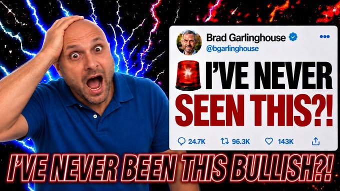 A shocked-looking man with his hand on his head against a lightning background, alongside a Brad Garlinghouse (@bgarlinghouse) tweet reading 'I'VE NEVER SEEN THIS?!' with 24.7K replies, 96.3K retweets, and 143K likes, with bold text 'I'VE NEVER BEEN THIS BULLISH?!' at the bottom.