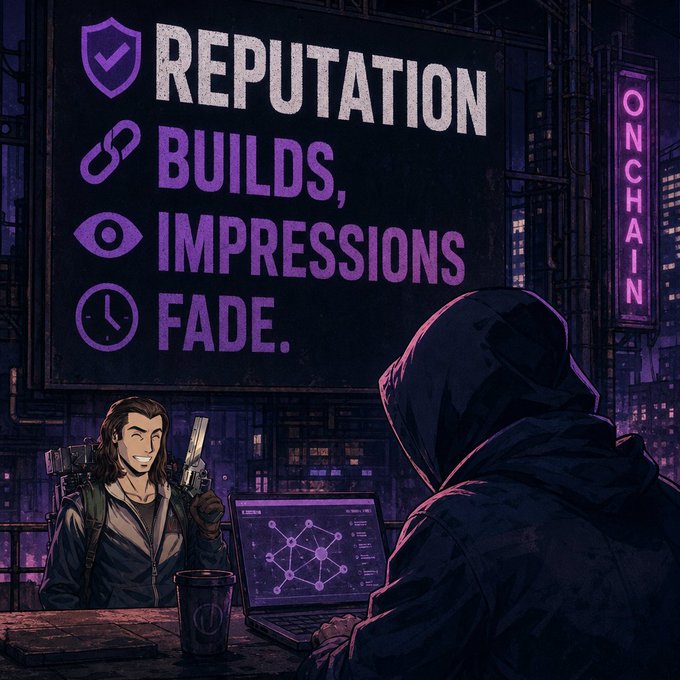 Anime-style illustration with text 'REPUTATION BUILDS, IMPRESSIONS FADE' showing a hooded figure at a laptop and another character holding a device in a cyberpunk setting with an 'ONCHAIN' neon sign.