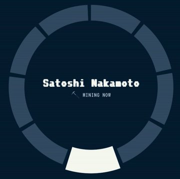 Retro Bitcoin mining-themed graphic showing a circular loading animation with the text 'Satoshi Nakamoto' and 'MINING NOW' against a dark blue background.