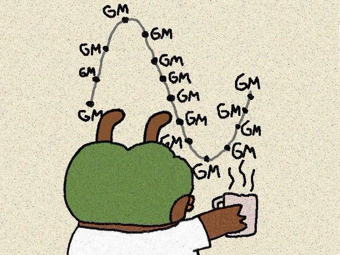 A whimsical drawing of a frog-like character wearing a white shirt, holding a coffee mug, with a thought or speech trail of repeated 'GM' (good morning) text arcing above its head.