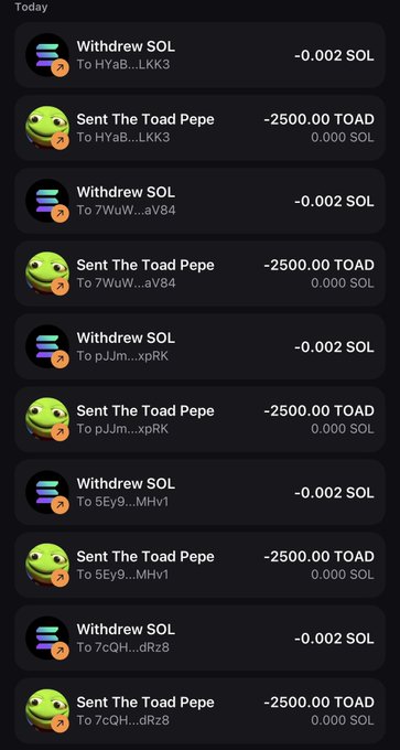 A mobile app activity log showing 10 transactions alternating between "Withdrew SOL" (-0.002 SOL each) and "Sent The Toad Pepe" (-2500.00 TOAD each, 0.000 SOL) to various wallet addresses (HYaB...LKK3, 7WuW...aV84, pJJm...xpRK, 5Ey9...MHv1, 7CQH...dRZs), confirming the user distributed 2,500 $TOAD tokens to five followers via the pump app.
