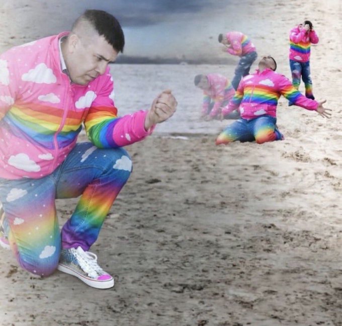 An internet meme showing a man in a colorful rainbow cloud-patterned tracksuit striking a fist pose, with photoshopped copies of himself appearing to be blown away in the background.
