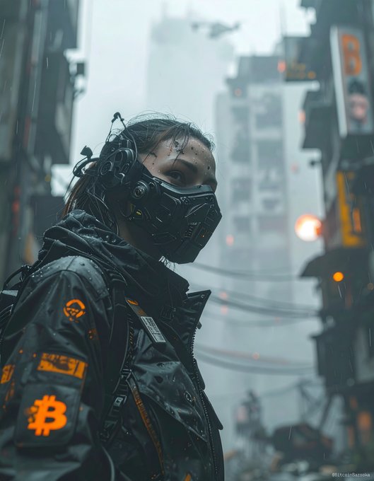A cinematic, cyberpunk-style portrait of a person wearing a futuristic black mask and headphones, set against a rainy urban backdrop with neon lights and a Bitcoin logo on their jacket.