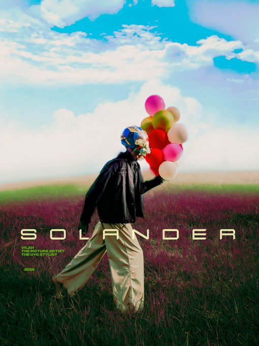An album-style poster features a person wearing a colorful mask and holding a bunch of balloons in a lavender field under a cloudy sky, with text reading 'SOLANDER', 'VILAH', 'THE PICTURE ARTIST', 'THE UNGRATEFUL', and '2022'.