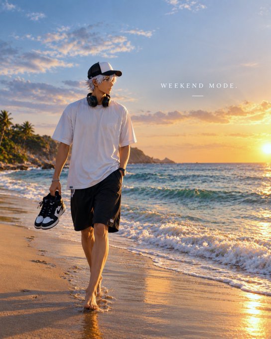 A stylish young person in a white t-shirt, dark shorts, and a baseball cap walks barefoot along a beach at sunset, carrying sneakers, with the text 'WEEKEND MODE' overlaid.