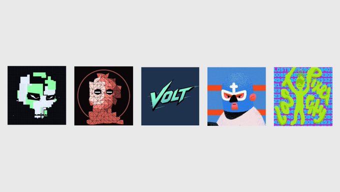 Five square digital artworks are displayed in a horizontal row, featuring a pixelated green-and-white skull, a geometric polygonal face in red, the word "VOLT" in stylized text, a blue lucha libre mask character with a white cross, and abstract neon green swirls over a pink background with repeating text patterns.

The image showcases the avatar/profile images of the artists being highlighted in the "Early but Gold Bag" feature, visually representing each of the five creators mentioned: @thehejz, @WizardX_0x, @PoweredByVolt, @THEBUFOS, and @LPC_NFTS.