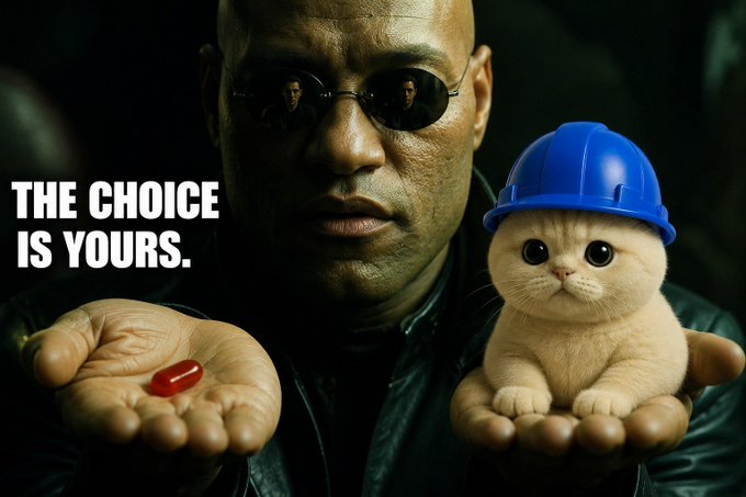 A parody of the Matrix Morpheus meme featuring 'THE CHOICE IS YOURS' text, showing a red pill in one hand and a cute kitten wearing a blue hard hat in the other hand