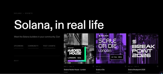 The image shows a Solana events webpage titled "Solana, in real life" featuring upcoming events like "Solana Hacker House - London" (Nov 2-14), "Scale or Die London" (14 Nov 2026), and "Solana Breakpoint 2026" (Nov 16). The webpage relates to the post by showcasing the official Solana Breakpoint 2026 event page, where the user has secured their ticket to meet other Solana builders in person.