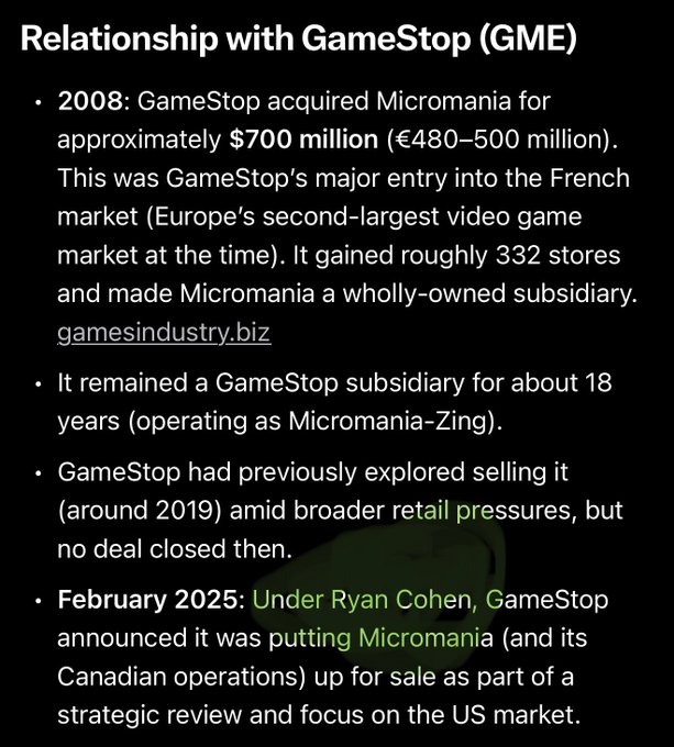 A slide titled "Relationship with GameStop (GME)" outlining Micromania's corporate history with GameStop, including its $700 million acquisition in 2008 (gaining ~332 stores), 18 years as a GameStop subsidiary, and the February 2025 announcement under Ryan Cohen to put Micromania up for sale as part of a strategic review. The image supports the post's correction that the ticker being discussed is the Micromania memecoin ($Micromania), not $Pierre, by providing factual context about the real-world Micromania-GameStop connection.
