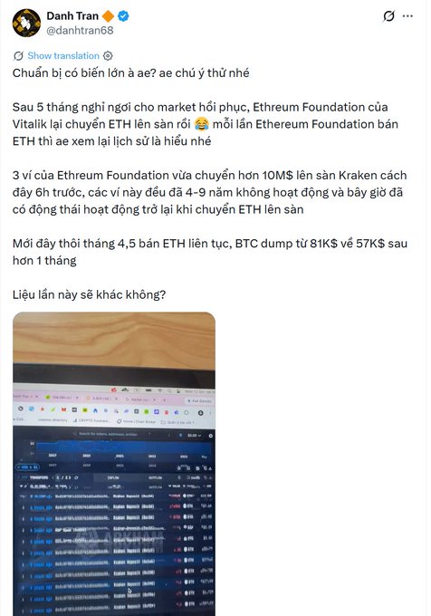 A cryptocurrency trader (@danh tran68) posted in Vietnamese about an upcoming major market move, warning that after a 5-month recovery, Vitalik and the Ethereum Foundation may be selling ETH again following 3 previous instances where transfers to Kraken preceded 4-9 months of dormancy and price declines. The attached image shows a laptop screen displaying what appears to be cryptocurrency trading data or blockchain transaction records on a spreadsheet.