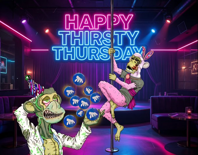 A neon 'Happy Thirsty Thursday' sign in a club setting with two cartoon-style characters, one in a pink bunny costume on a pole.