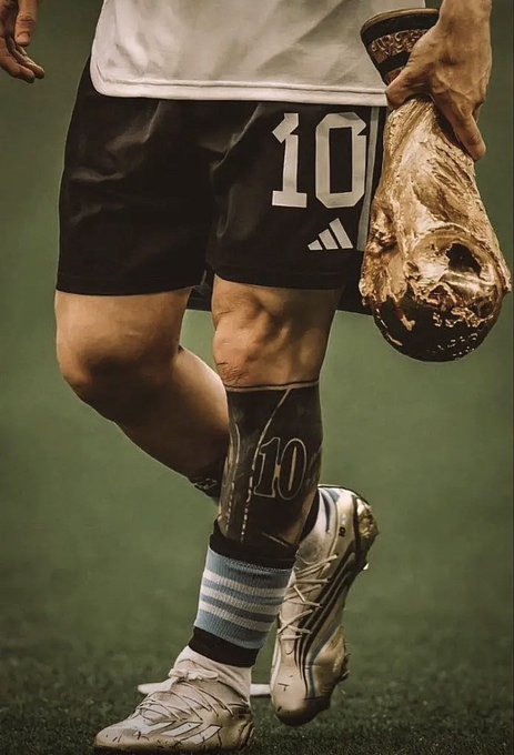 A photo of a soccer player's legs in black shorts (#10) holding what appears to be the FIFA World Cup trophy, wearing an orthotic support on his leg.
