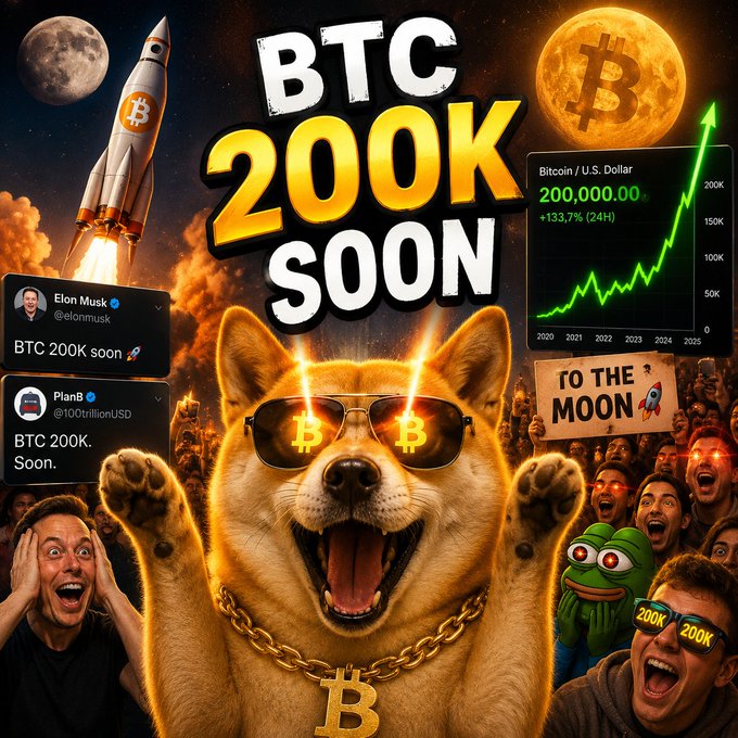 The image features a large brown dog wearing sunglasses, surrounded by various objects such as a rocket ship, a Twitter account, and a Bitcoin symbol. The caption reads "Cụ $btc sắp 200k #btc #eth #sol". This suggests that the image is related to a post about Bitcoin or cryptocurrency, possibly celebrating its success in raising funds for charity.