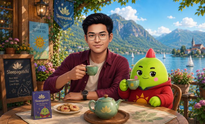 A vibrant illustration of a young man with glasses and a green mascot character in a red hoodie enjoying tea and cookies at a table branded 'Sleepagotchi', set against a scenic lake and mountain backdrop.